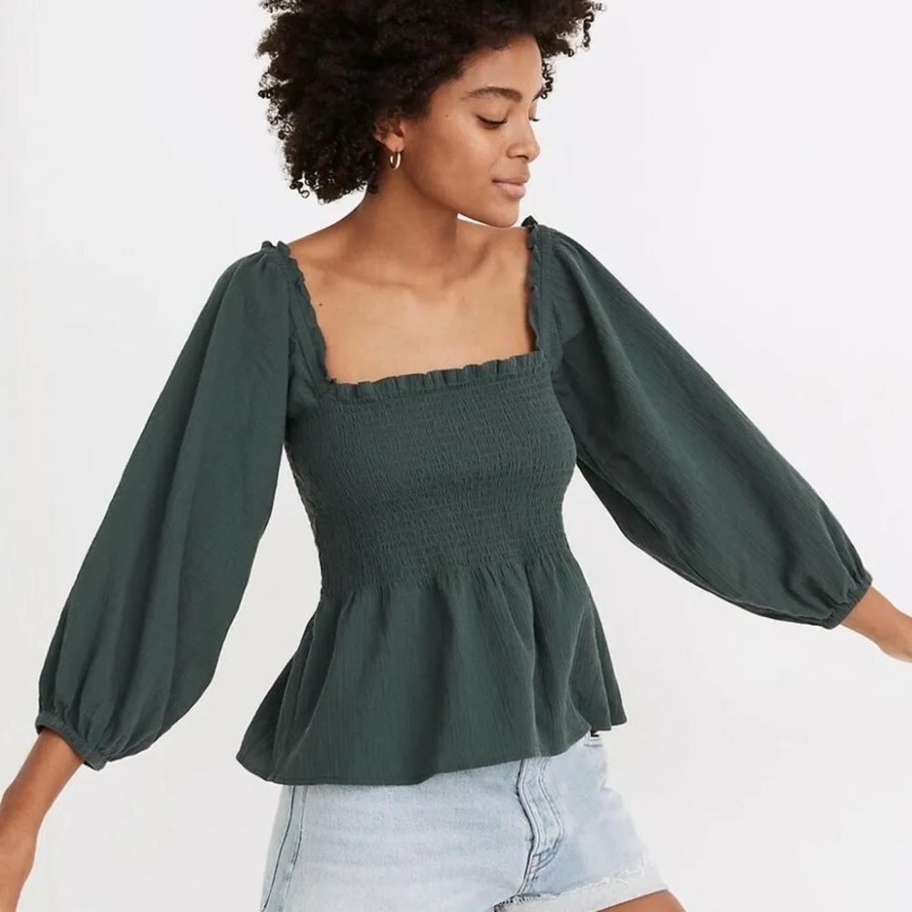 Madewell Lucie Smocked Peplum Blouse Midnight Green, 10